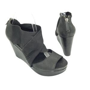 EILEEN FISHER Black Leather Wedge Heel Sandal Size 8 Back Zip